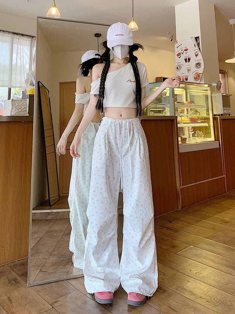 달콤한 스타일 연령 감소 작은 꽃무늬 전체 인쇄 다용도 하이웨이스트 캐주얼 바지 여성 여름 루즈핏 슬림해 보이는 와이드 레그 팬츠 롱 바지 상세 이미지 1