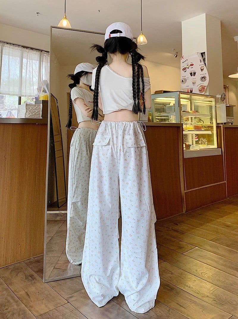 달콤한 스타일 연령 감소 작은 꽃무늬 전체 인쇄 다용도 하이웨이스트 캐주얼 바지 여성 여름 루즈핏 슬림해 보이는 와이드 레그 팬츠 롱 바지 상세 이미지 3