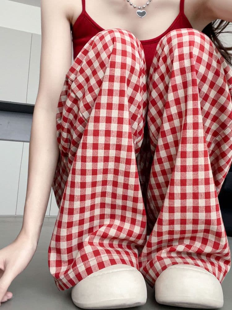 원본 순면 체크 직물 항구 바람 chic 빨간색 체크무늬 하이웨이스트 캐주얼 바지 여성 루즈핏 넓은 다리 스트레이트 롱 바지