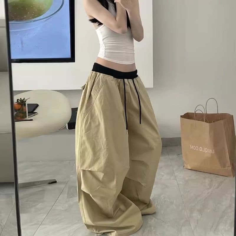 순면 워싱 낙하산 바지 넓은 다리 리브 패치워크 허리밴드 펌프 로프 루즈핏 슬림해 보이는 아메리칸 워크웨어 롱 바지