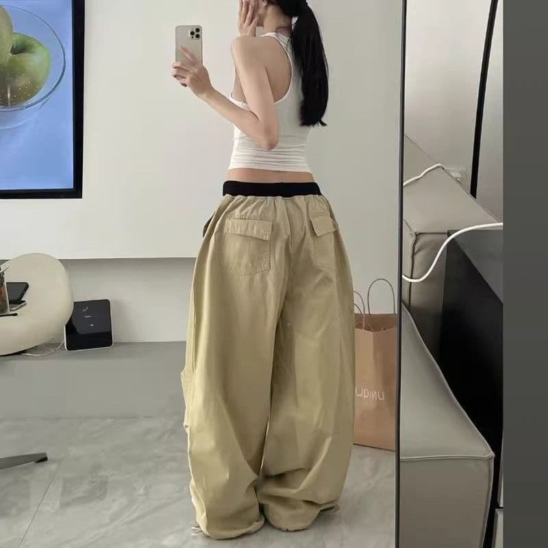 순면 워싱 낙하산 바지 넓은 다리 리브 패치워크 허리밴드 펌프 로프 루즈핏 슬림해 보이는 아메리칸 워크웨어 롱 바지 이미지 2