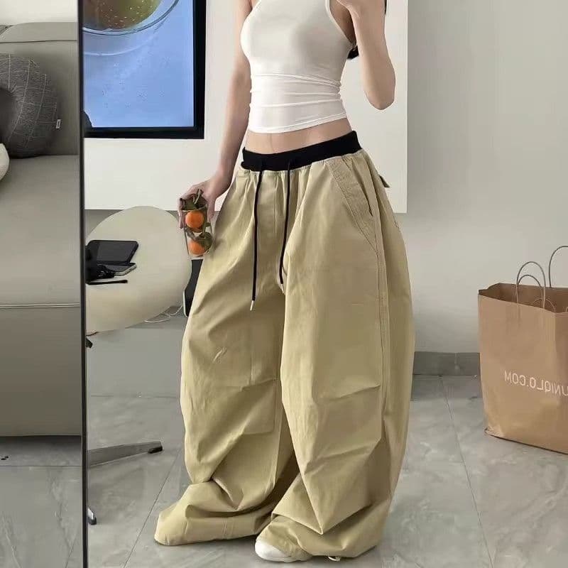 순면 워싱 낙하산 바지 넓은 다리 리브 패치워크 허리밴드 펌프 로프 루즈핏 슬림해 보이는 아메리칸 워크웨어 롱 바지 이미지 3