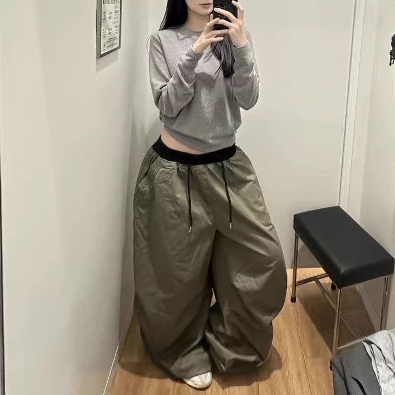 순면 워싱 낙하산 바지 넓은 다리 리브 패치워크 허리밴드 펌프 로프 루즈핏 슬림해 보이는 아메리칸 워크웨어 롱 바지 이미지 4