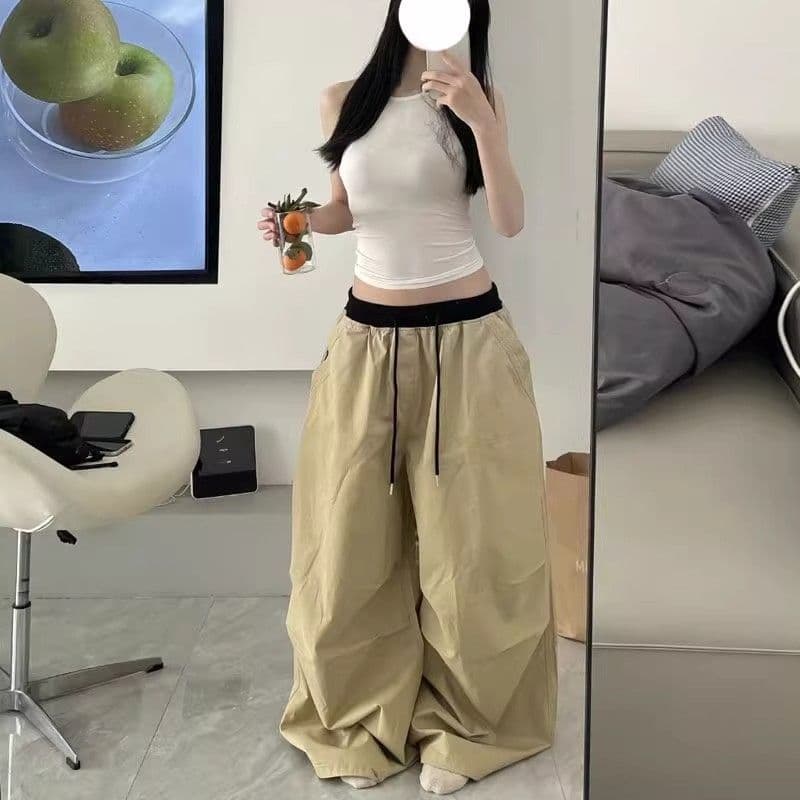 순면 워싱 낙하산 바지 넓은 다리 리브 패치워크 허리밴드 펌프 로프 루즈핏 슬림해 보이는 아메리칸 워크웨어 롱 바지 상세 이미지 2