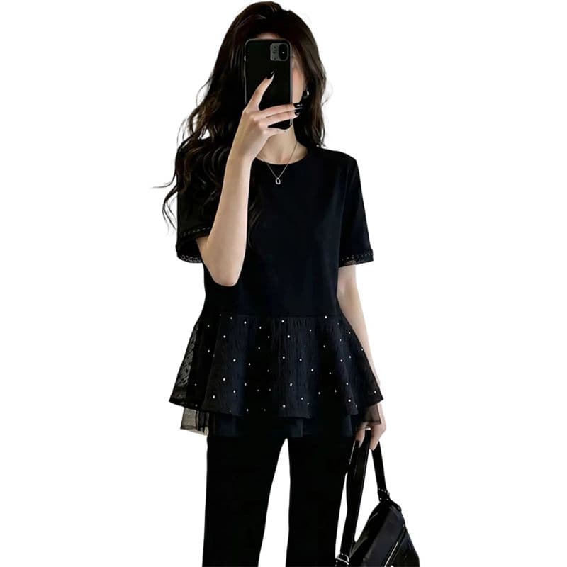 40 차가운 실크 차가운 면 리브 1 1 빅 사이즈 프릴 반팔 티셔츠 여성 2026 여름 표지 배 슬림해 보이는 맨위 상세 이미지 6
