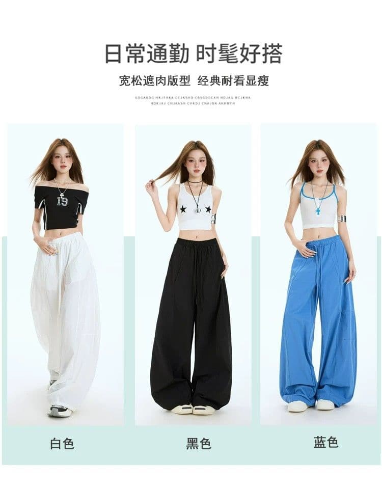 파란색 속도 건조한 모통이 칼 워크웨어 팬츠 여성 여름 얇은 스타일 캐주얼 아메리칸 와이드 레그 팬츠 어린이 작은 키 레트로 운동 바지 상세 이미지 15