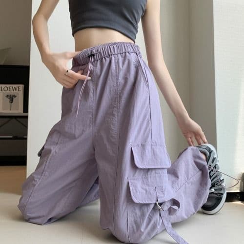 속도 건조한 나일론 보라색 아메리칸 워크웨어 와이드 레깅스 바지 여름 작은 키 하이웨이스트 슬림해 보이는 조거 캐주얼 긴 바지