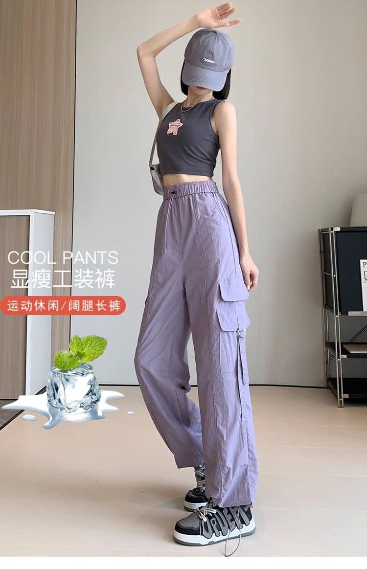 속도 건조한 나일론 보라색 아메리칸 워크웨어 와이드 레깅스 바지 여름 작은 키 하이웨이스트 슬림해 보이는 조거 캐주얼 긴 바지 상세 이미지 3