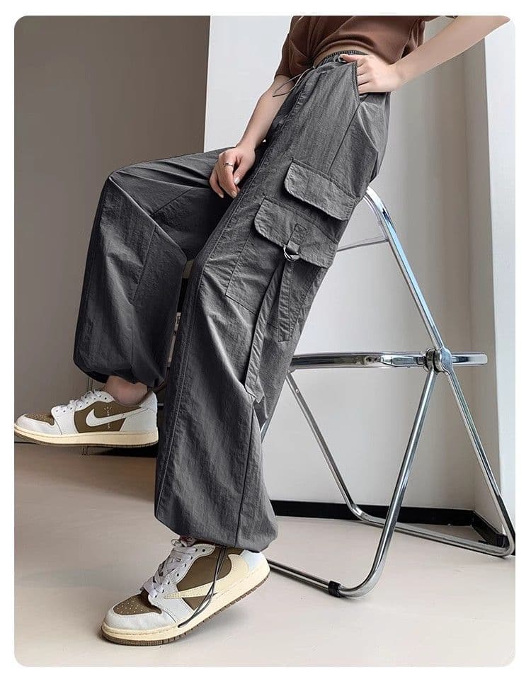 속도 건조한 나일론 보라색 아메리칸 워크웨어 와이드 레깅스 바지 여름 작은 키 하이웨이스트 슬림해 보이는 조거 캐주얼 긴 바지 상세 이미지 26