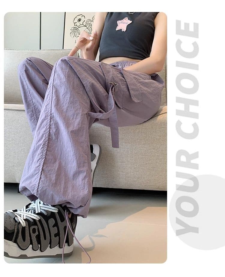 속도 건조한 나일론 보라색 아메리칸 워크웨어 와이드 레깅스 바지 여름 작은 키 하이웨이스트 슬림해 보이는 조거 캐주얼 긴 바지 상세 이미지 30