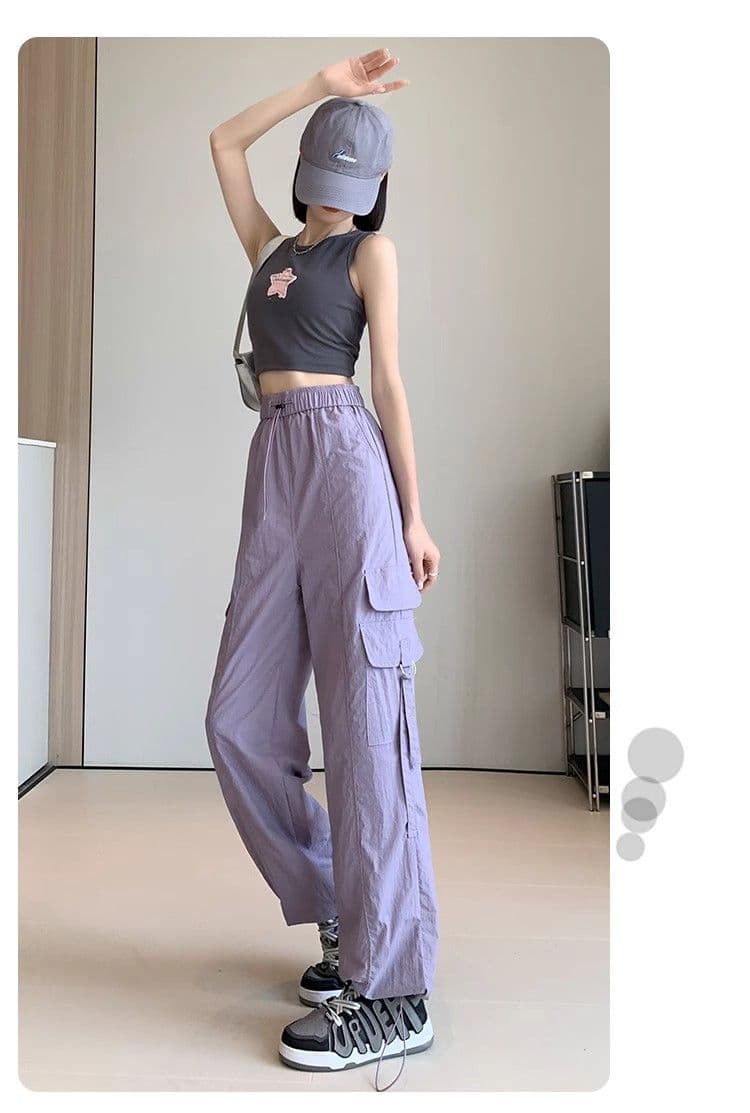 속도 건조한 나일론 보라색 아메리칸 워크웨어 와이드 레깅스 바지 여름 작은 키 하이웨이스트 슬림해 보이는 조거 캐주얼 긴 바지 상세 이미지 31