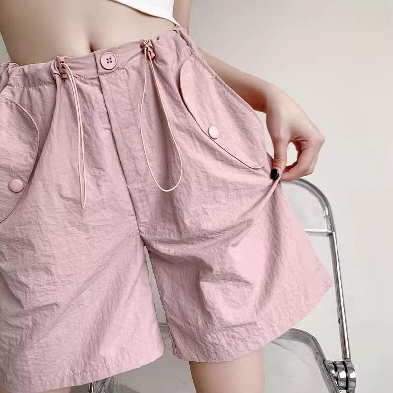 원본 원료 것 워크웨어 반바지 여성 여름 하이웨이스트 넓은 다리 오부 바지 작은 키 속도 건조한 아메리칸 운동 바지