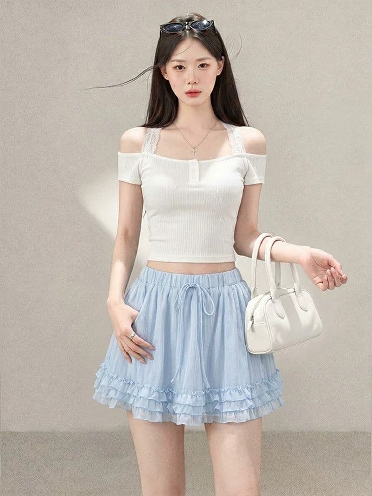 일본과 한국 부서 발레 바람 달콤함 프릴 플리츠 미니 스커트 여성 여름 휴가 바람 다용도 한 마디 퍼프 반신 스커트 상세 이미지 6