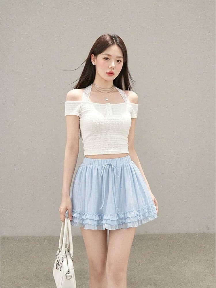 일본과 한국 부서 발레 바람 달콤함 프릴 플리츠 미니 스커트 여성 여름 휴가 바람 다용도 한 마디 퍼프 반신 스커트 상세 이미지 7