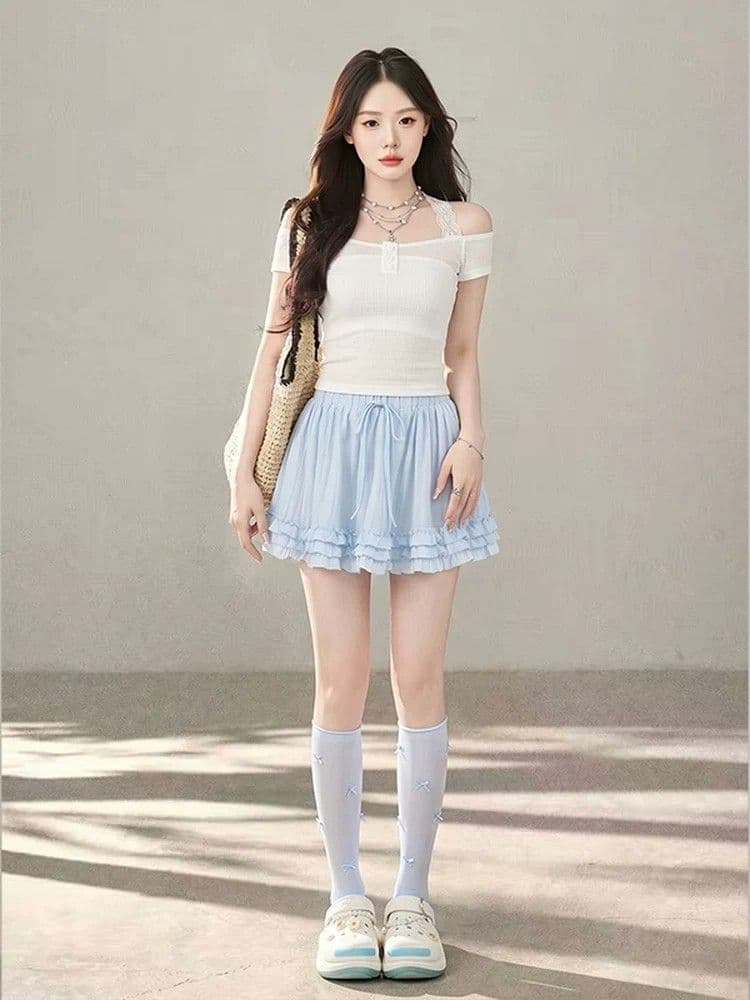 일본과 한국 부서 발레 바람 달콤함 프릴 플리츠 미니 스커트 여성 여름 휴가 바람 다용도 한 마디 퍼프 반신 스커트 상세 이미지 8