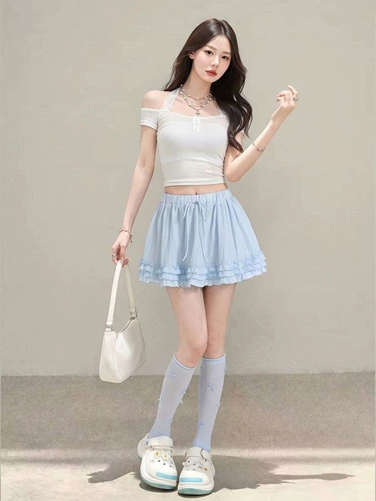 일본과 한국 부서 발레 바람 달콤함 프릴 플리츠 미니 스커트 여성 여름 휴가 바람 다용도 한 마디 퍼프 반신 스커트 상세 이미지 9