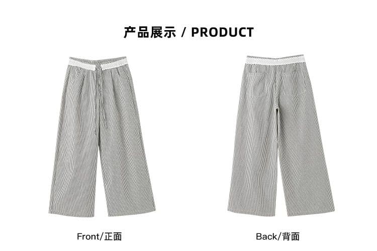 원본 천 높은 품질 레이스 조각 스트라이프 와이드 레깅스 바지 여름 디자인 센스 루즈핏 슬림해 보이는 펌프 로프 스트레이트 팬츠 상세 이미지 1