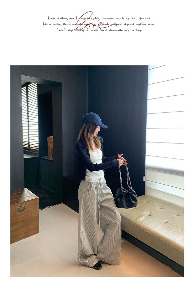 원본 천 높은 품질 레이스 조각 스트라이프 와이드 레깅스 바지 여름 디자인 센스 루즈핏 슬림해 보이는 펌프 로프 스트레이트 팬츠 상세 이미지 4