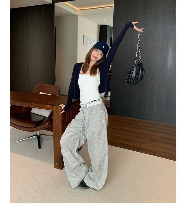 원본 천 높은 품질 레이스 조각 스트라이프 와이드 레깅스 바지 여름 디자인 센스 루즈핏 슬림해 보이는 펌프 로프 스트레이트 팬츠 상세 이미지 7