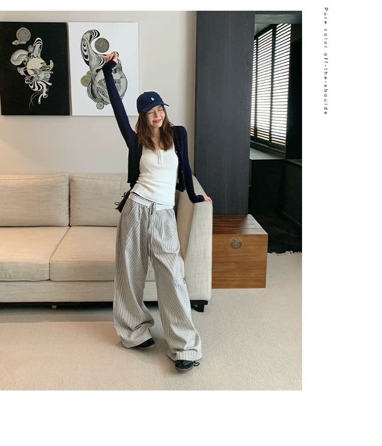 원본 천 높은 품질 레이스 조각 스트라이프 와이드 레깅스 바지 여름 디자인 센스 루즈핏 슬림해 보이는 펌프 로프 스트레이트 팬츠 상세 이미지 8