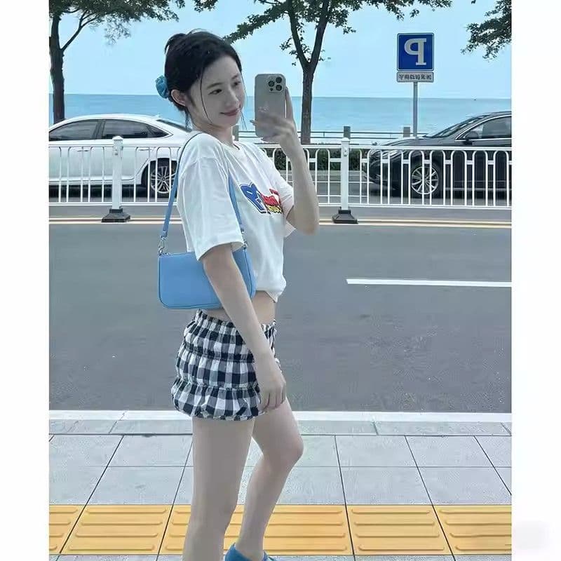 원본 로우 웨이스트 체크무늬 반바지 여성 2026 여름 새로운 몸매 가꾸기 슬림해 보이는 말뚝 더미 바지 캐주얼 꽃밭 반바지 이미지 3