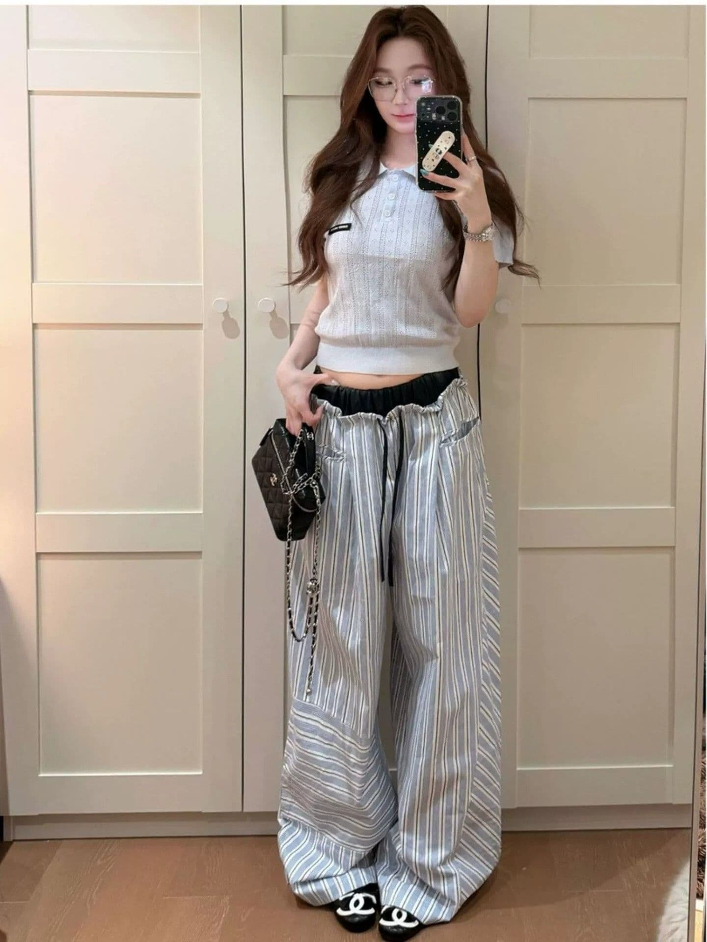 한 부서 파란색 스트라이프 캐주얼 바지 여성 여름 디자인 센스 슬림해 보이는 루즈핏 느긋한 바람 운동 와이드 레그 팬츠 롱 바지