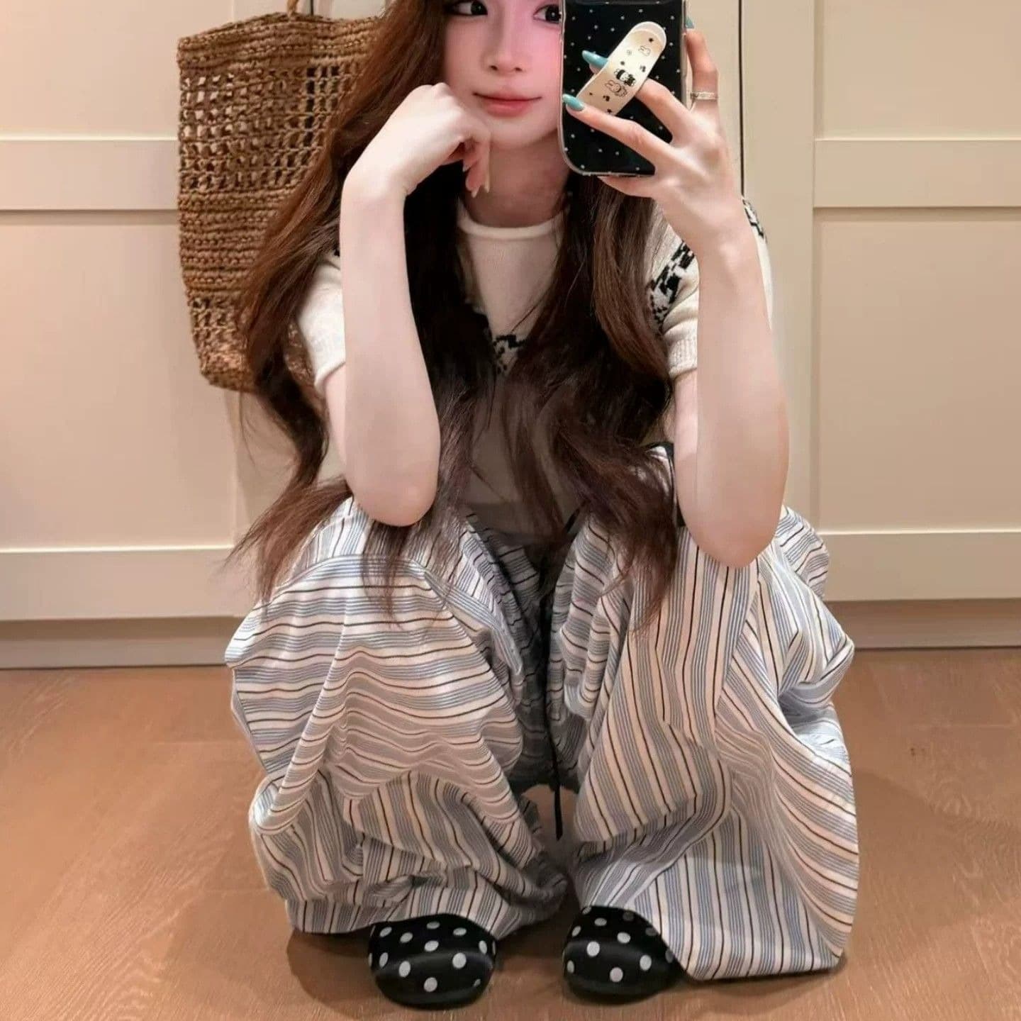 한 부서 파란색 스트라이프 캐주얼 바지 여성 여름 디자인 센스 슬림해 보이는 루즈핏 느긋한 바람 운동 와이드 레그 팬츠 롱 바지 이미지 5