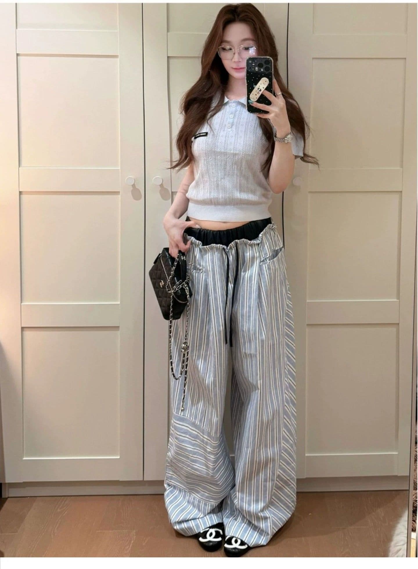 한 부서 파란색 스트라이프 캐주얼 바지 여성 여름 디자인 센스 슬림해 보이는 루즈핏 느긋한 바람 운동 와이드 레그 팬츠 롱 바지 상세 이미지 1
