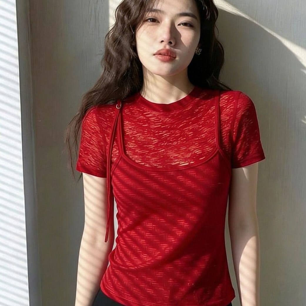 라이 우아한 와 사고 방식 빅 사이즈 2026 년 여름 새로운 디자인 센스 작은 대중 아니요 명중 섹션 빨간색 페이크 레이어드 맨위 이미지 5