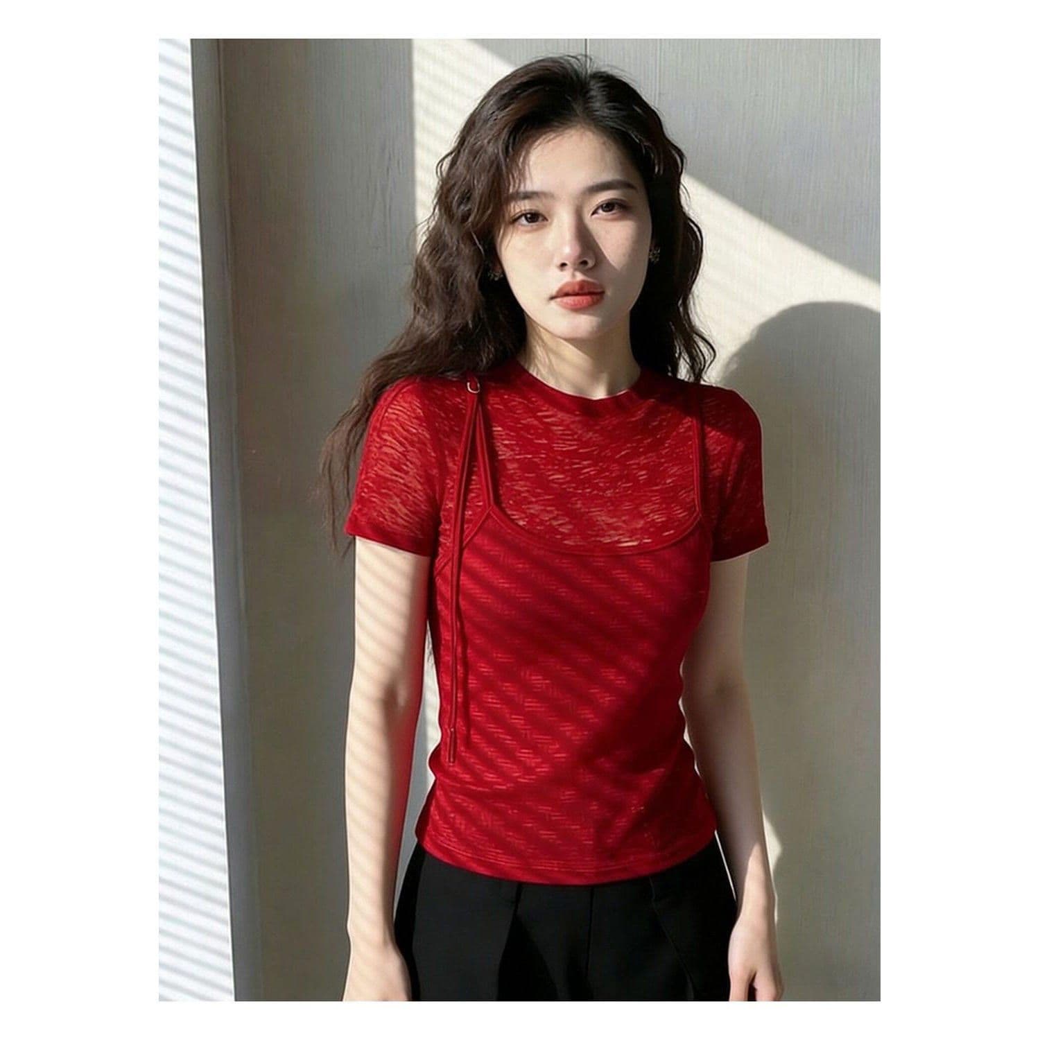 라이 우아한 와 사고 방식 빅 사이즈 2026 년 여름 새로운 디자인 센스 작은 대중 아니요 명중 섹션 빨간색 페이크 레이어드 맨위 이미지 4