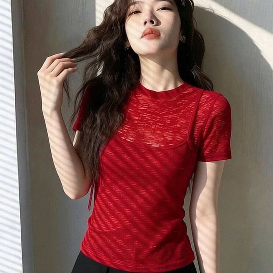 라이 우아한 와 사고 방식 빅 사이즈 2026 년 여름 새로운 디자인 센스 작은 대중 아니요 명중 섹션 빨간색 페이크 레이어드 맨위 상세 이미지 2