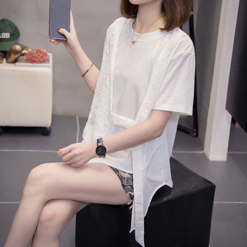 화이트 빅 사이즈 숨기기 고기 슬림해 보이는 반팔 티셔츠 여성 2026 새로운 작은 대중 디자인 센스 불규칙 맨위 여름 이미지 4