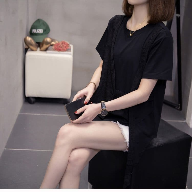 화이트 빅 사이즈 숨기기 고기 슬림해 보이는 반팔 티셔츠 여성 2026 새로운 작은 대중 디자인 센스 불규칙 맨위 여름 상세 이미지 12