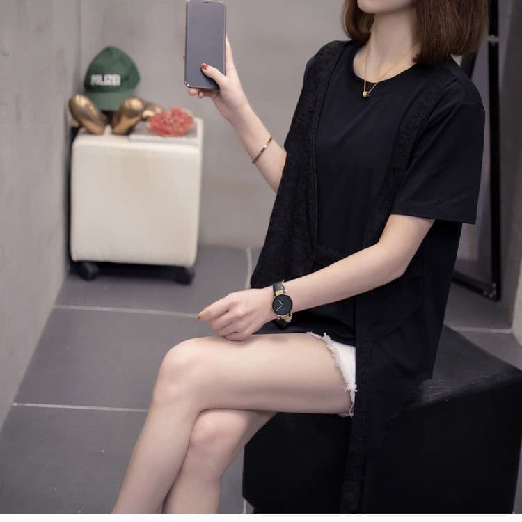 화이트 빅 사이즈 숨기기 고기 슬림해 보이는 반팔 티셔츠 여성 2026 새로운 작은 대중 디자인 센스 불규칙 맨위 여름 상세 이미지 13