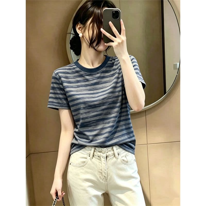 차가운 실크 차가운 면 달팽이 빅 사이즈 레트로 스트라이프 라운드 넥 반팔 티셔츠 여성 여름 새로운 다용도 슬림해 보이는 맨위 상세 이미지 3