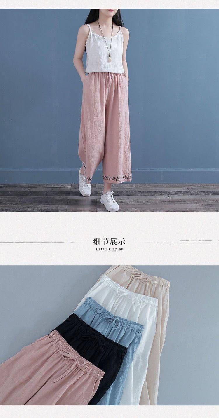 자수 루즈핏 빅 사이즈 200 kg 와이드 레그 팬츠 문예 레트로 면 린넨 여름 드레스 민족 스타일 캐주얼 9부 바지 여성 상세 이미지 9