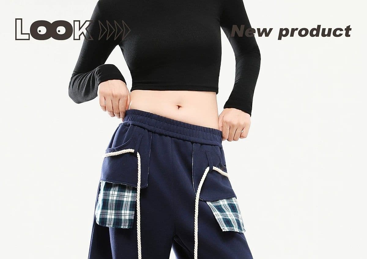 아메리칸 필드 레트로 체크무늬 별 스트랩 모통이 칼 캐주얼 바지 여자 봄 허리밴드 넓은 다리 바닥 청소 바지 상세 이미지 1
