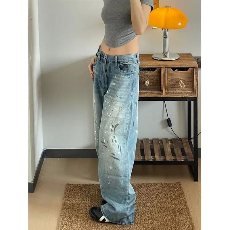 2026 여름 새로운 아메리칸 레트로 마 오래된 넓은 다리 청바지 여성 디자인 센스 스프레이 페인트 먹물 바닥 청소 청바지 상세 이미지 5