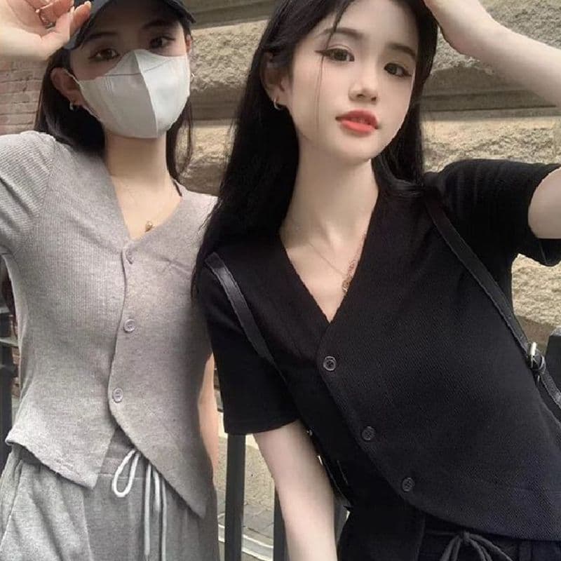 캐주얼 패션 스포츠 슈트 여성 여름 연령 감소 외국 가스 슬림해 보이는 V넥 반팔 바지 투피스 세트 이미지 2