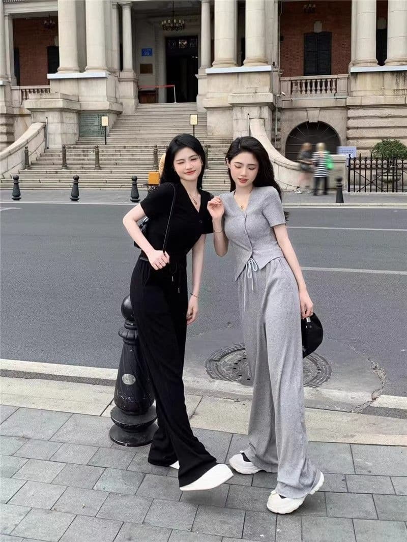 캐주얼 패션 스포츠 슈트 여성 여름 연령 감소 외국 가스 슬림해 보이는 V넥 반팔 바지 투피스 세트 상세 이미지 6