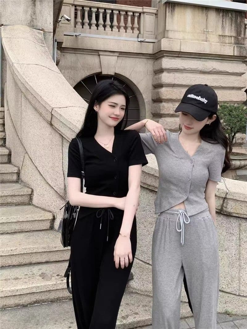 캐주얼 패션 스포츠 슈트 여성 여름 연령 감소 외국 가스 슬림해 보이는 V넥 반팔 바지 투피스 세트 상세 이미지 8