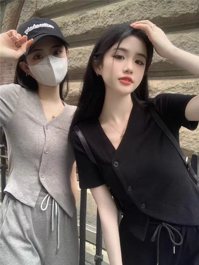 캐주얼 패션 스포츠 슈트 여성 여름 연령 감소 외국 가스 슬림해 보이는 V넥 반팔 바지 투피스 세트 상세 이미지 18