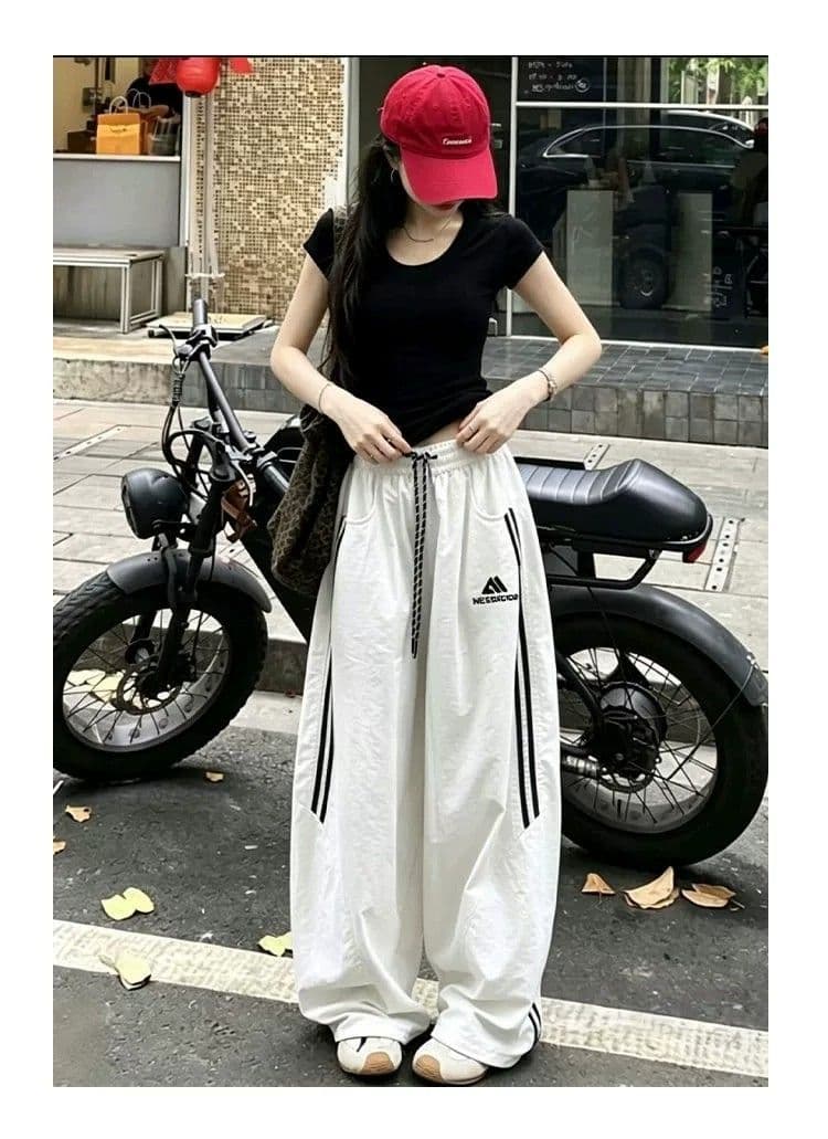 아메리칸 자수 스트라이프 속도 건조한 워크웨어 팬츠 여성 여름 캐주얼 바지 넓은 다리 등산 통기성 운동 바지 ins 상세 이미지 2