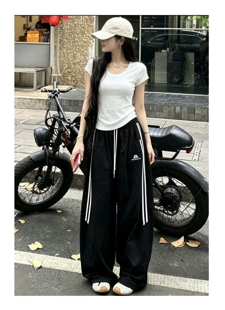 아메리칸 자수 스트라이프 속도 건조한 워크웨어 팬츠 여성 여름 캐주얼 바지 넓은 다리 등산 통기성 운동 바지 ins 상세 이미지 3