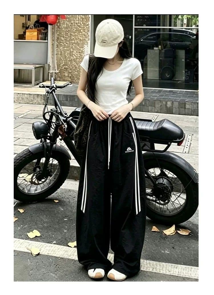 아메리칸 자수 스트라이프 속도 건조한 워크웨어 팬츠 여성 여름 캐주얼 바지 넓은 다리 등산 통기성 운동 바지 ins 상세 이미지 4