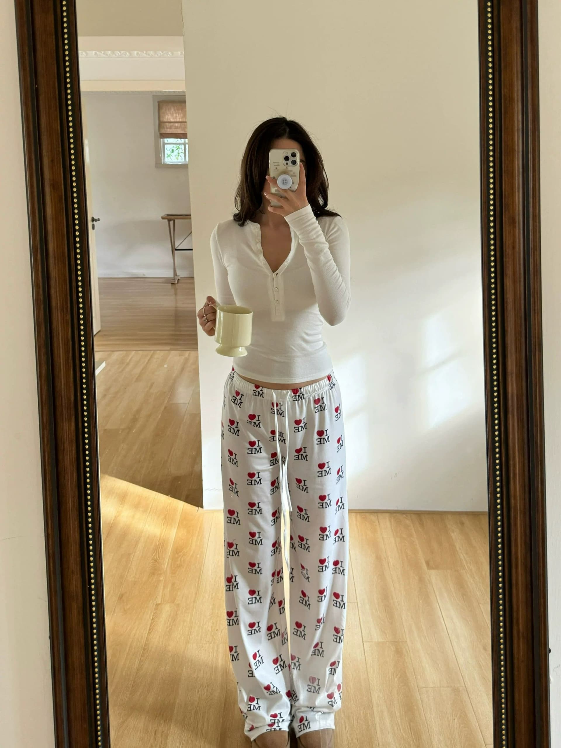 하트 프린트 허리밴드 레이스업 캐주얼 바지 루즈핏 도루 센스 와이드 레그 팬츠