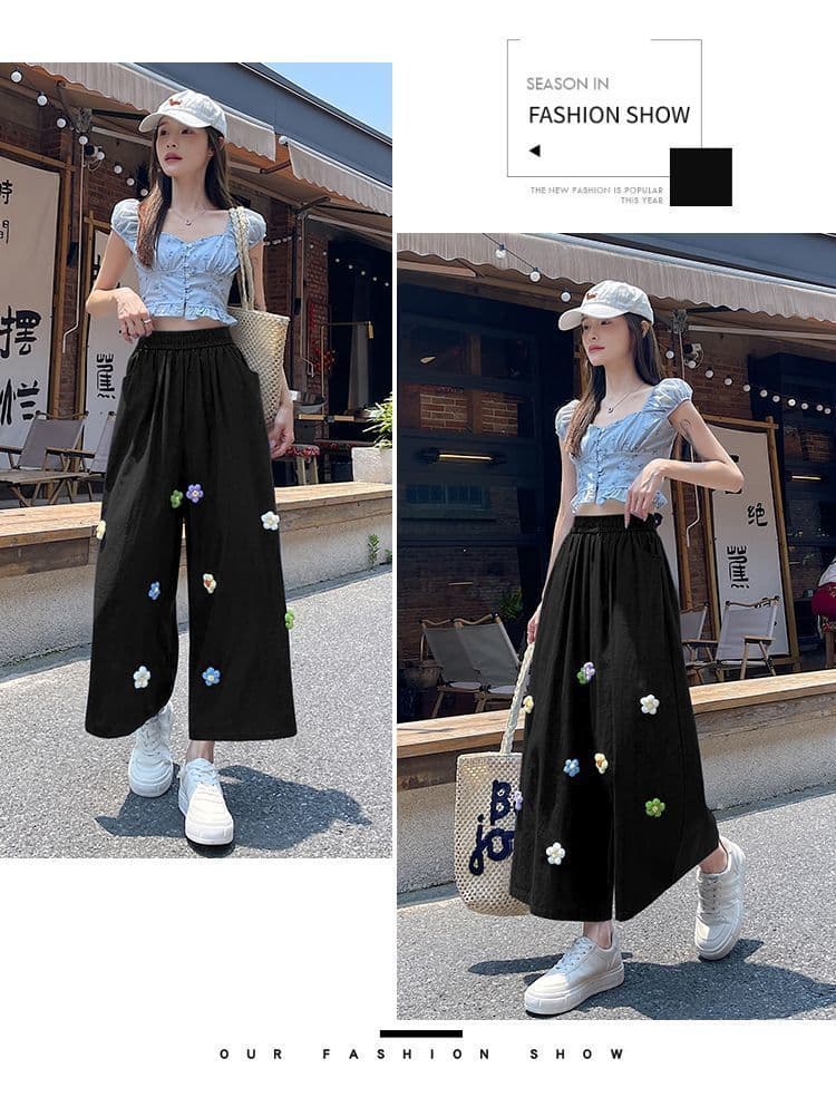 2026 년 여성 여름 디자인 센스 한 부서 3 차원 꽃 와이드 레그 팬츠 루즈핏 슬림해 보이는 스트레이트 다용도 9 포인트 캐주얼 바지 상세 이미지 16