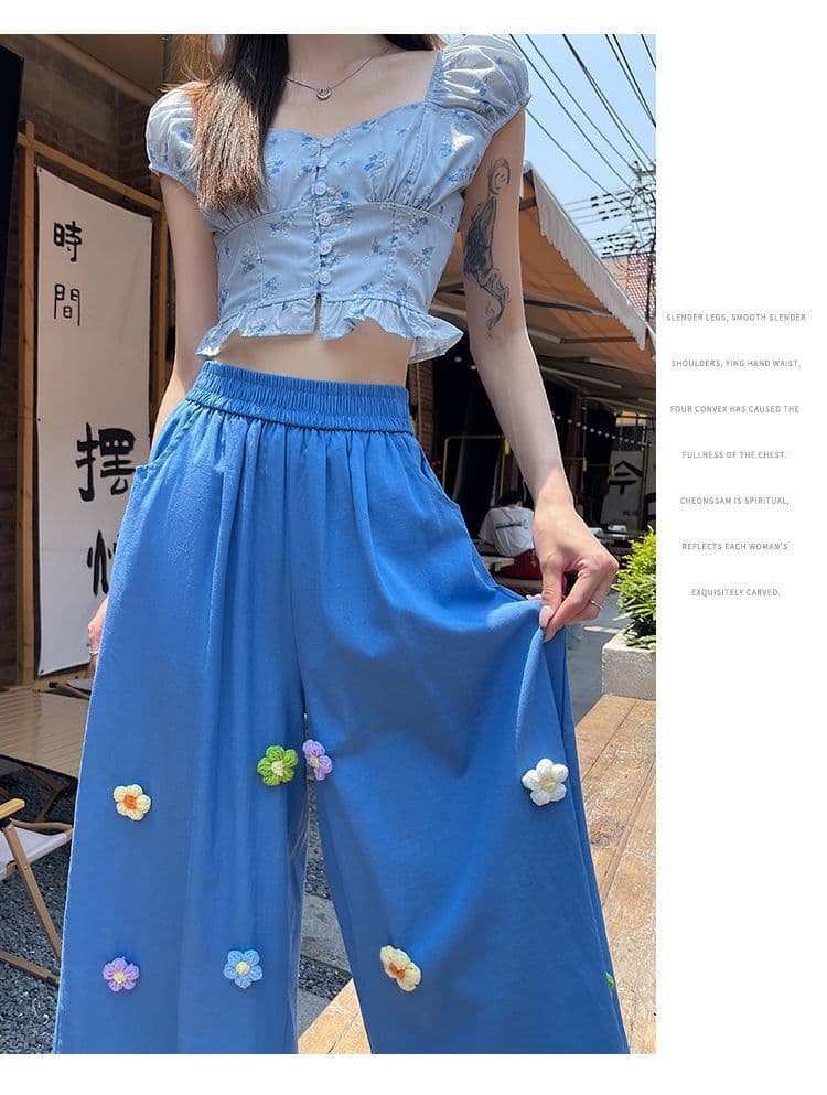 2026 년 여성 여름 디자인 센스 한 부서 3 차원 꽃 와이드 레그 팬츠 루즈핏 슬림해 보이는 스트레이트 다용도 9 포인트 캐주얼 바지 상세 이미지 21