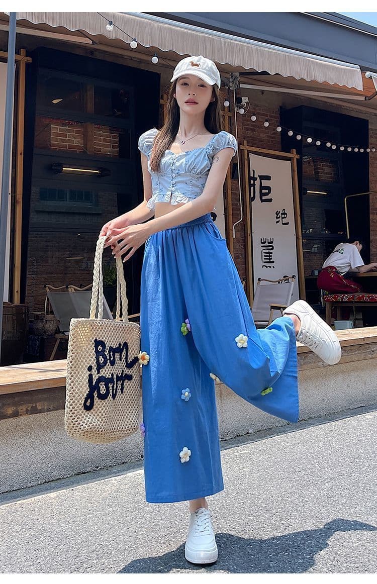 2026 년 여성 여름 디자인 센스 한 부서 3 차원 꽃 와이드 레그 팬츠 루즈핏 슬림해 보이는 스트레이트 다용도 9 포인트 캐주얼 바지 상세 이미지 24