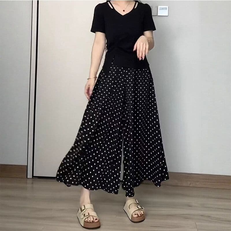 s-6xl 검정색 도트 무늬 캐주얼 바지 여성 의류 여름 얇은 스타일 다용도 하이웨이스트 슬림해 보이는 표지 넓적 다리 한 마디 중간 길이 치마바지